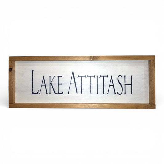 Odd Cod Studio Lake Attitash hand-painted wooden sign, navy text on white background