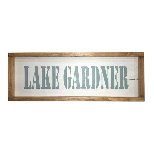 Odd Cod Studio Lake Gardner hand-painted wooden sign, seafoam text on white background