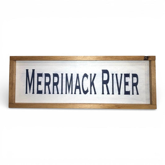 Odd Cod Studio Merrimack River hand-painted wooden sign, navy text on white background