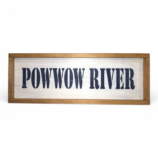 Odd Cod Studio Powwow River hand-painted wooden sign, navy text on white background