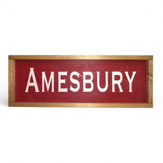 Odd Cod Amersbury had-painted wooden sign, white text on red background