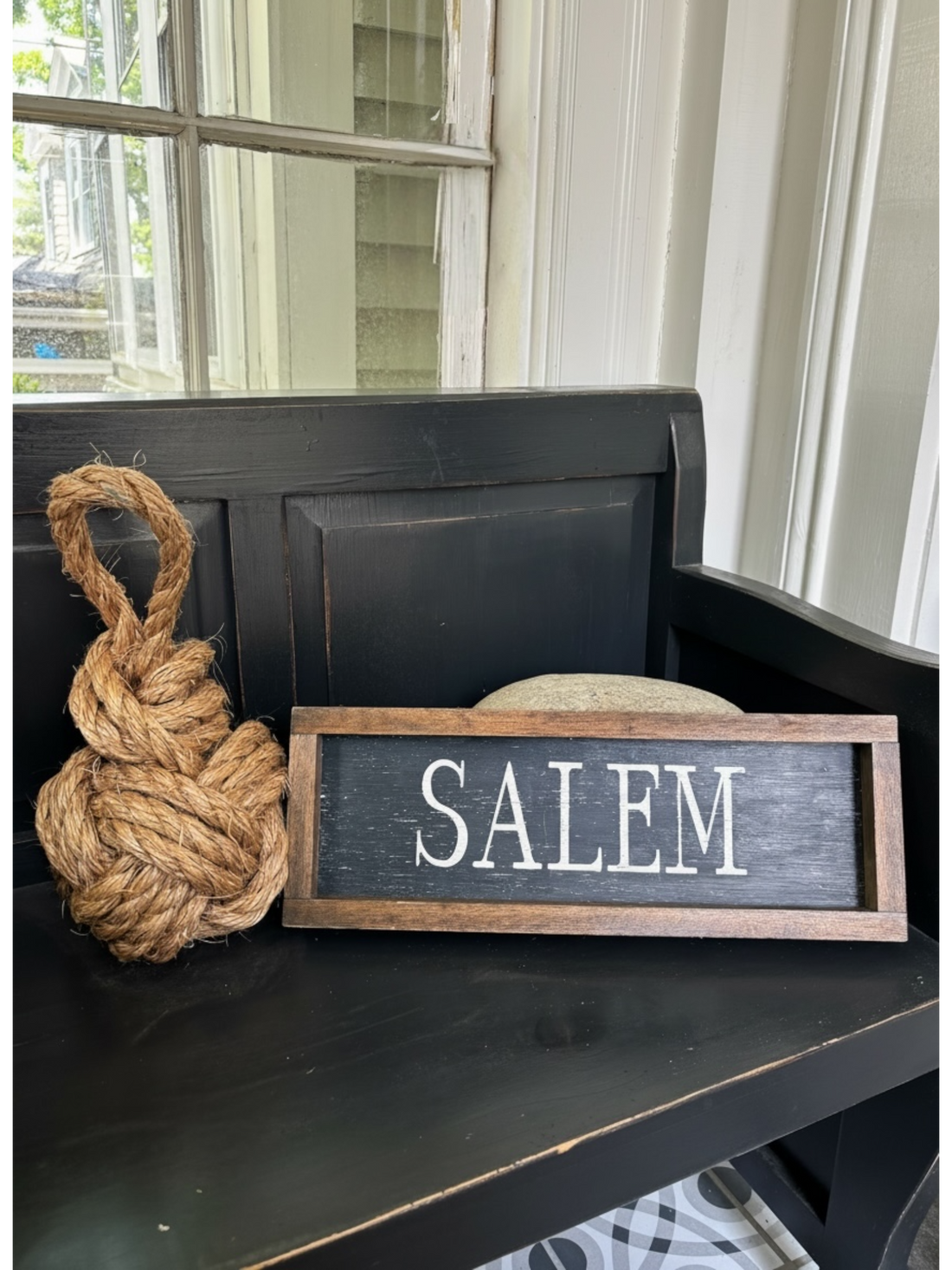 Odd Cod Studio's Crown and Wall door stop and hand-painted wooden Salem sign in Anchor Black with Sea Salt lettering