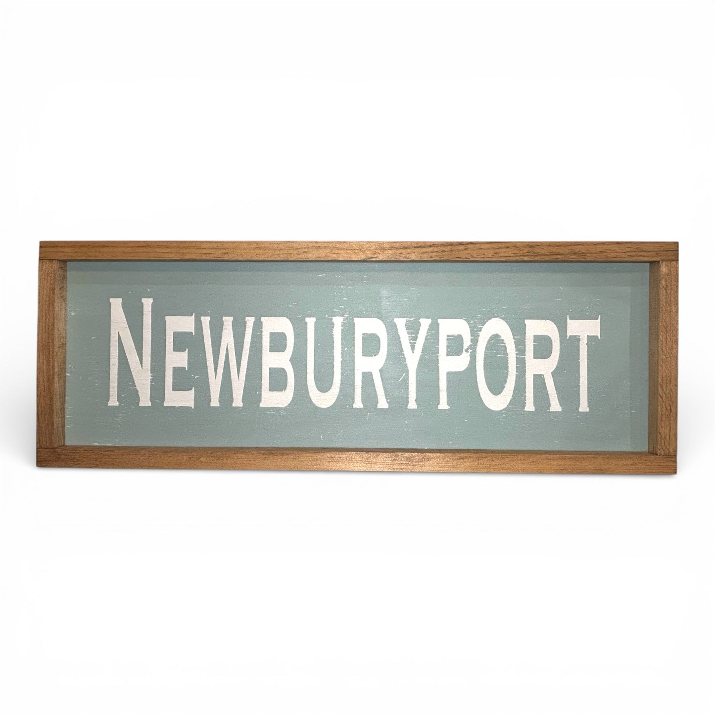 Odd Cod Studio Newburyport hand-painted wooden sign, white text on seafoam background