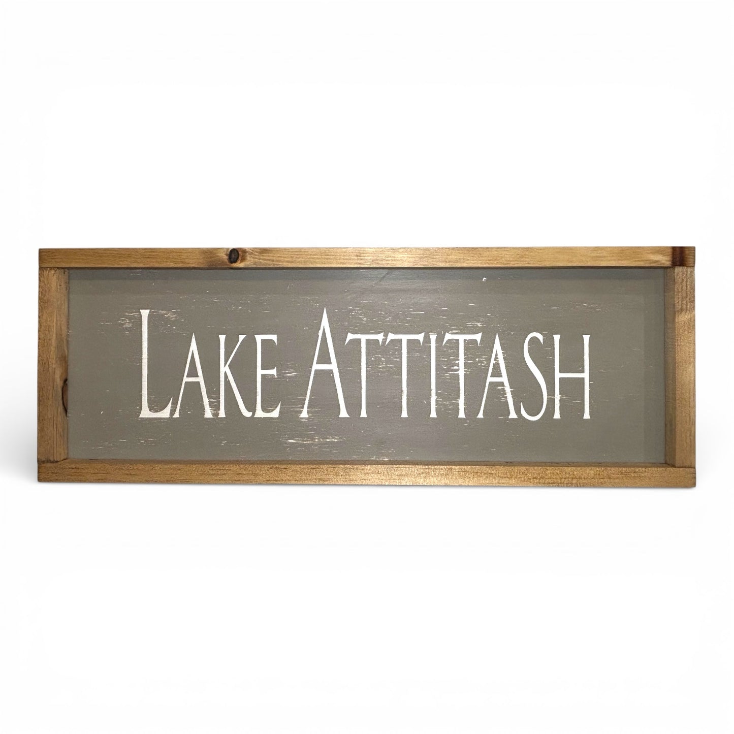 Odd Cod Studio Lake Attitash hand-painted wooden sign, white text on rope background