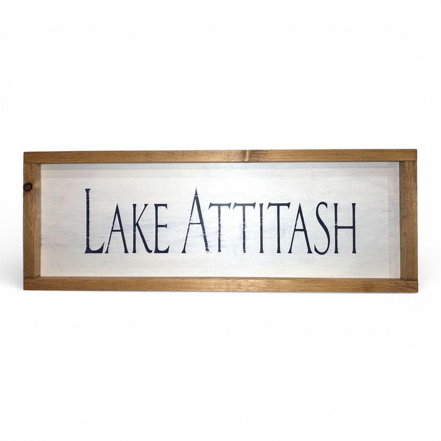 Odd Cod Studio Lake Attitash hand-painted wooden sign, navy text on white background