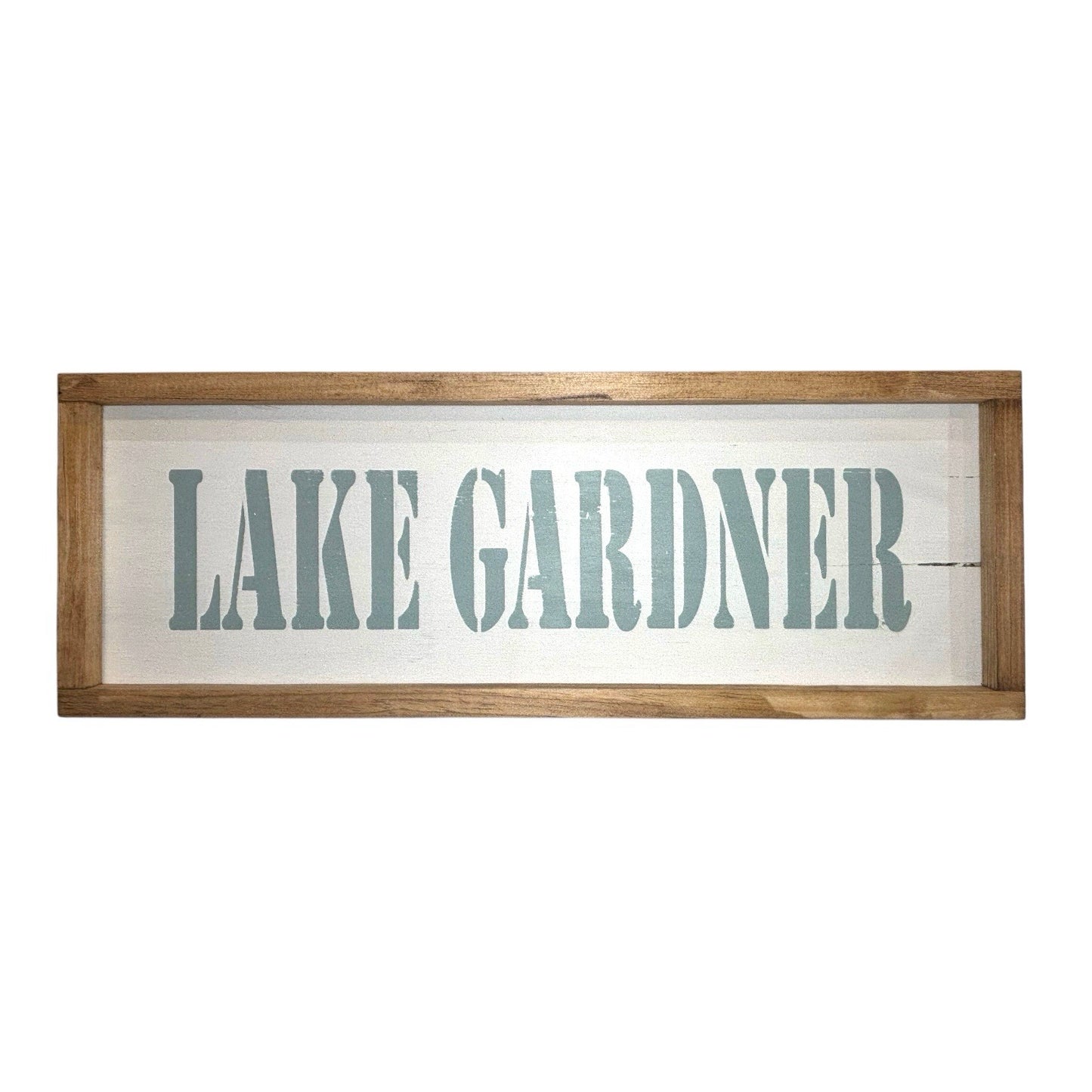 Odd Cod Studio Lake Gardner hand-painted wooden sign, seafoam text on white background
