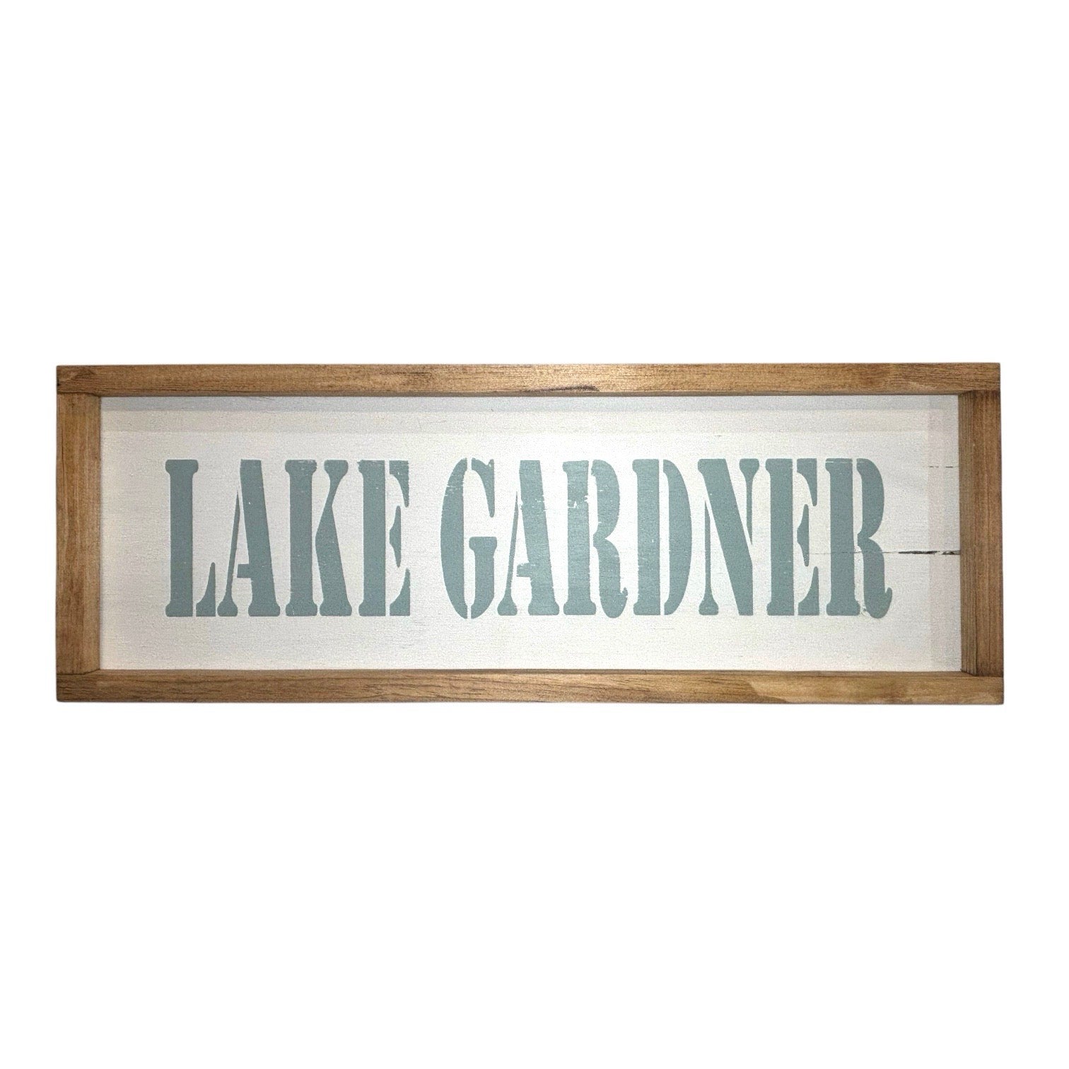 Odd Cod Studio Lake Gardner hand-painted wooden sign, seafoam text on white background