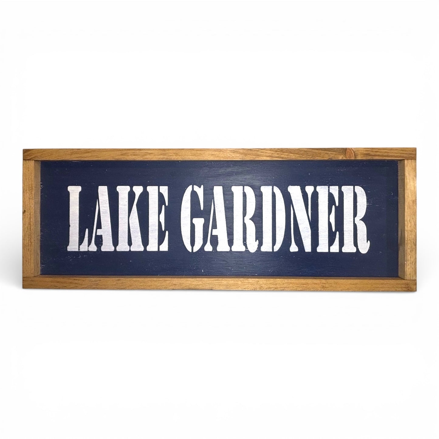 Odd Cod Studio Lake Gardner hand-painted wooden sign, white text on navy background
