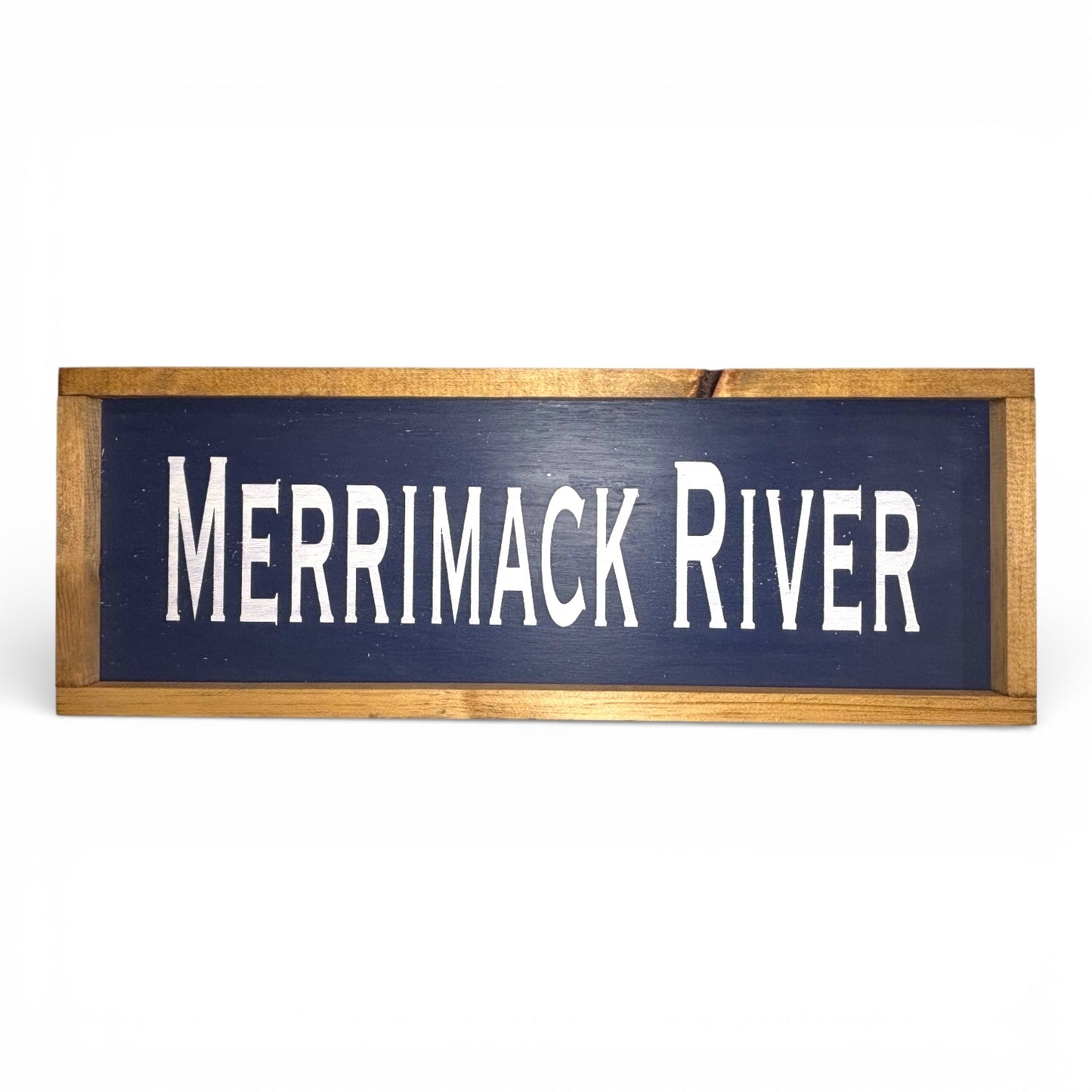 Odd Cod Studio Merrimack River hand-painted wooden sign, white text on navy background