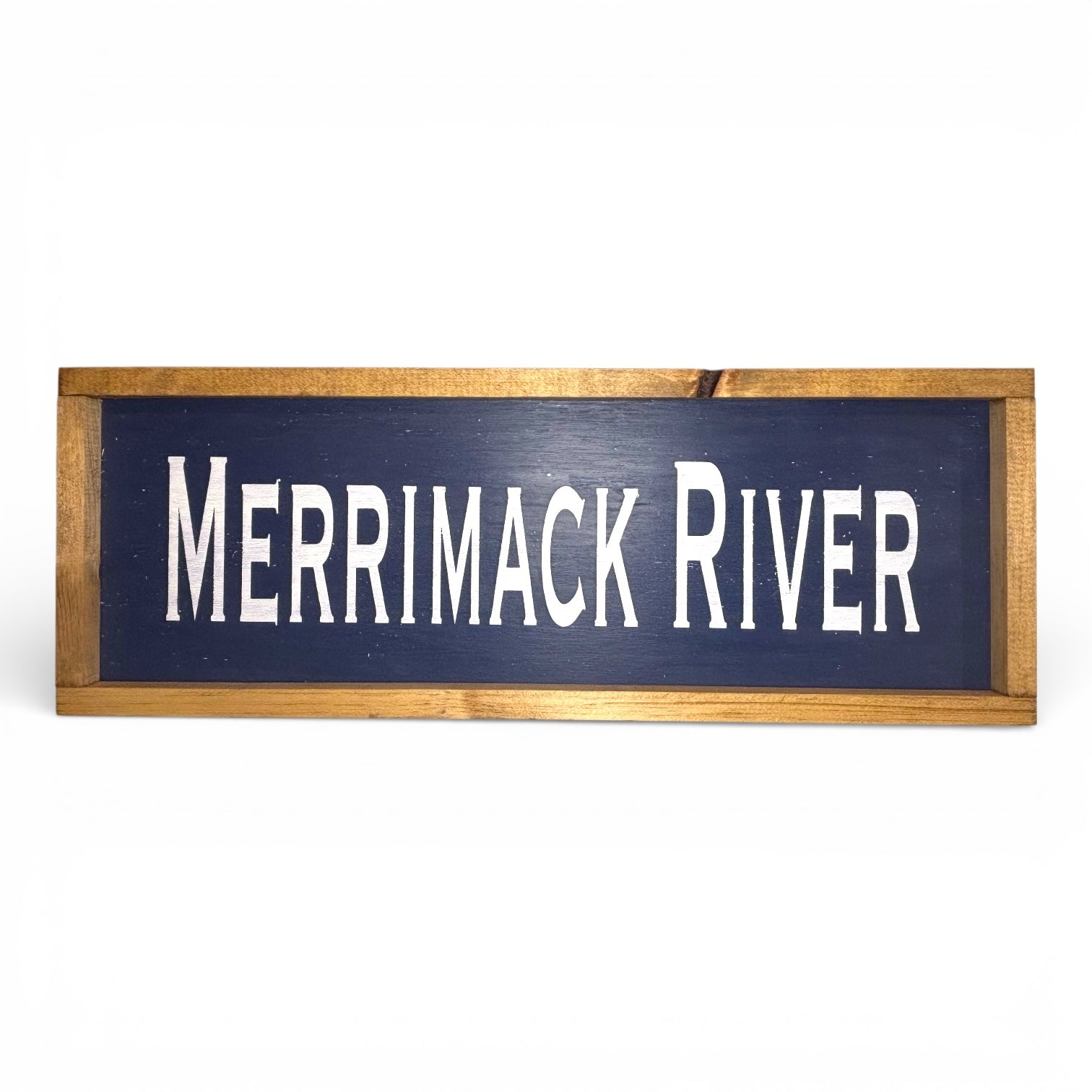 Odd Cod Studio Merrimack River hand-painted wooden sign, white text on navy background