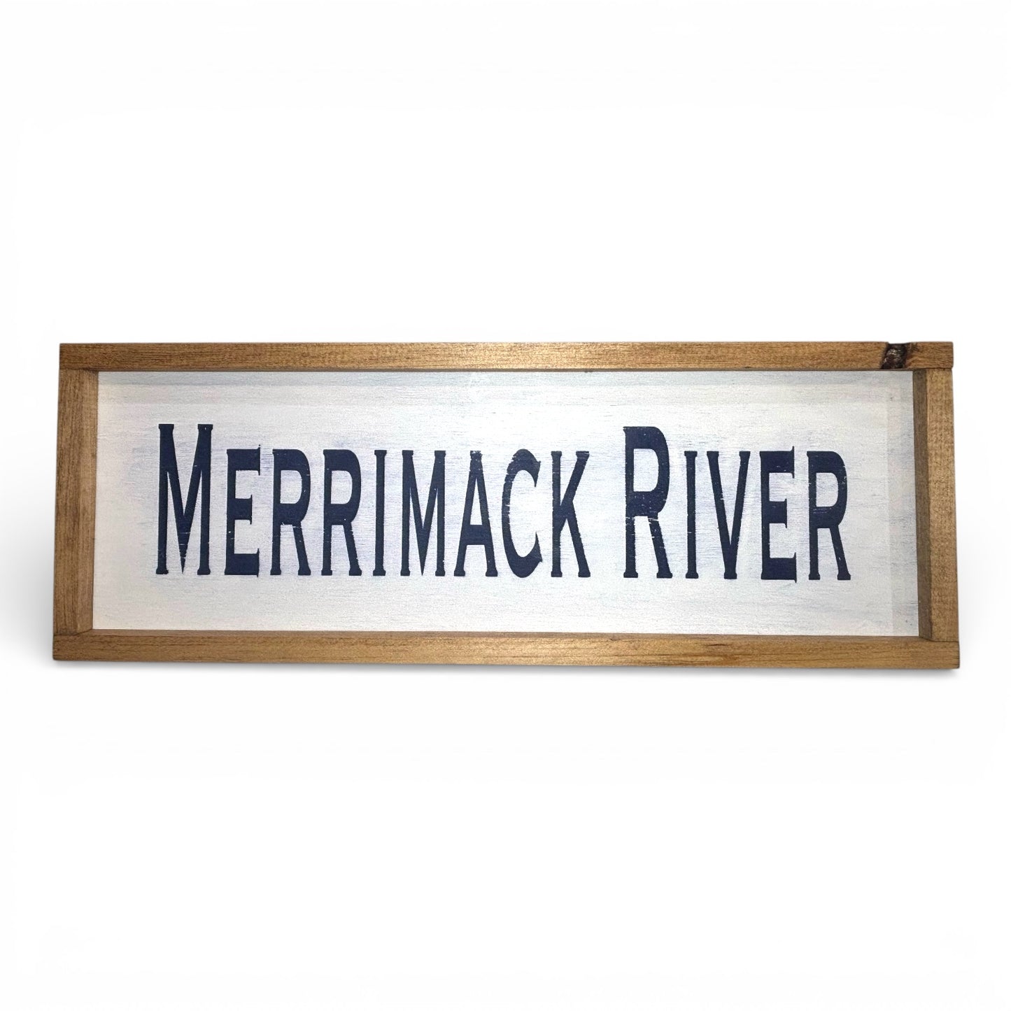 Odd Cod Studio Merrimack River hand-painted wooden sign, navy text on white background