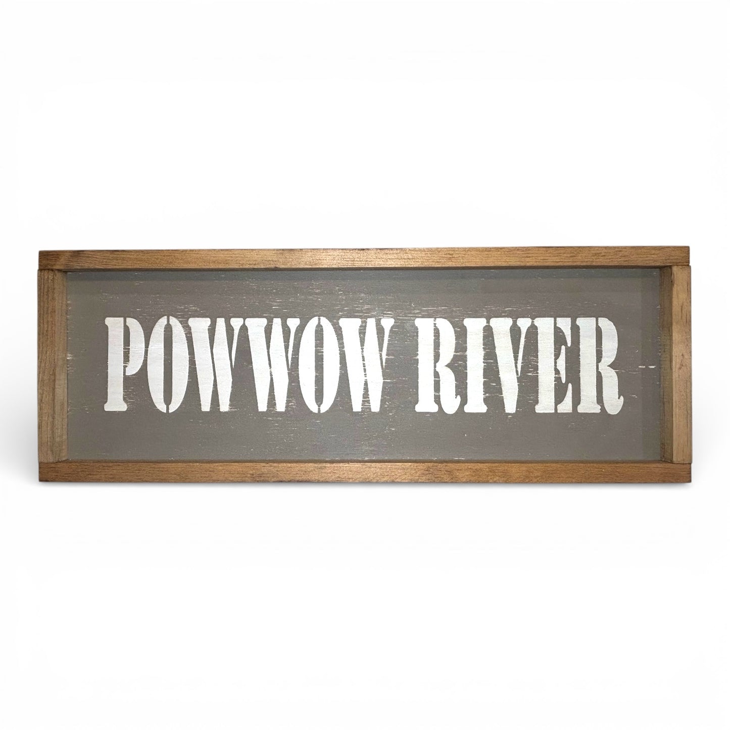 Odd Cod Studio Powwow River hand-painted wooden sign, white text on rope background
