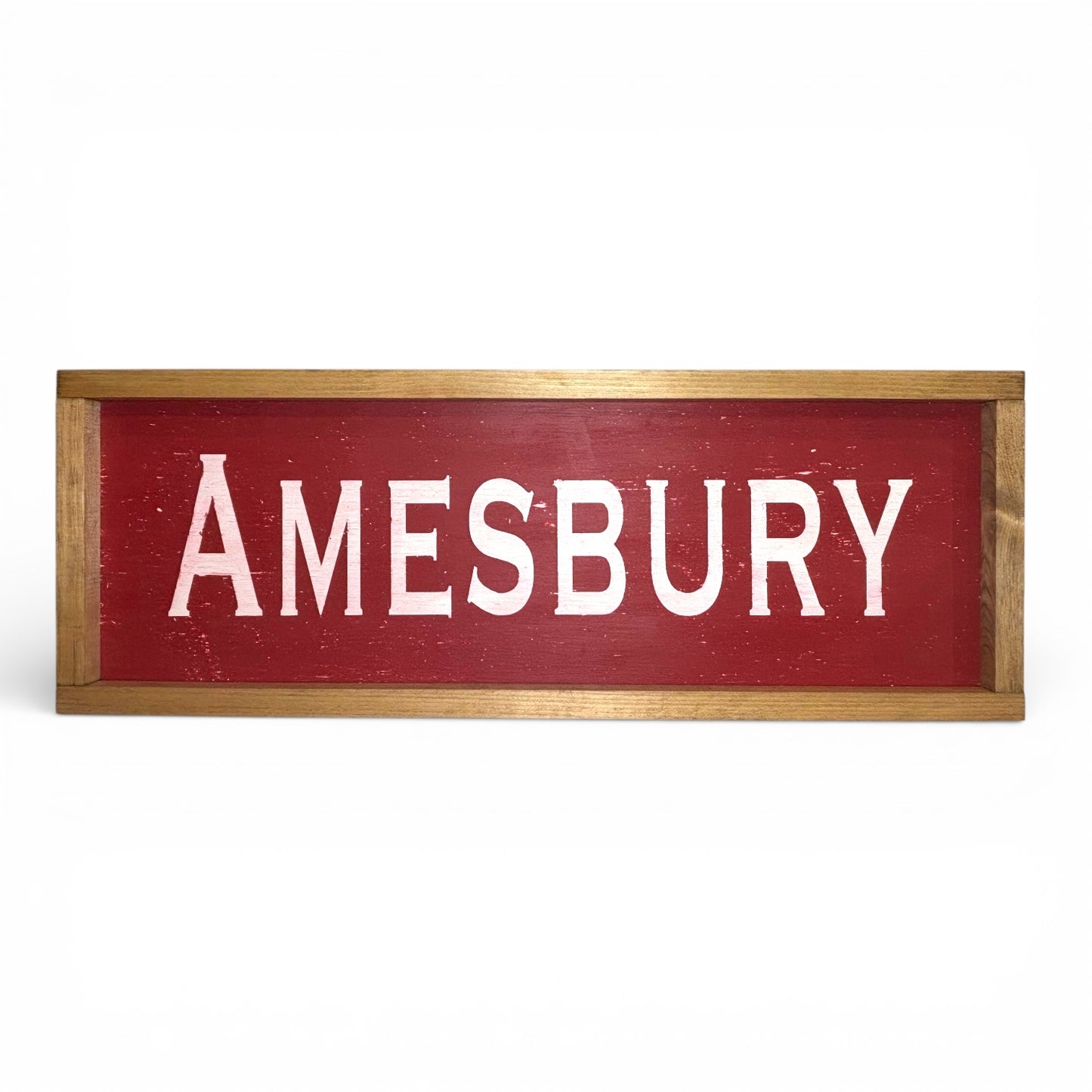 Odd Cod Amersbury had-painted wooden sign, white text on red background